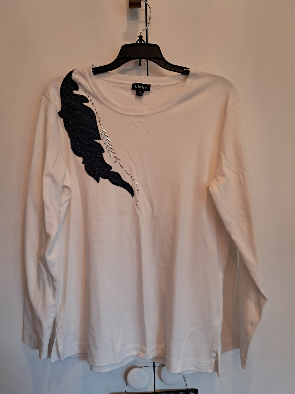 Links Crewneck Long-Sleeve Top in White with Black Embellishment